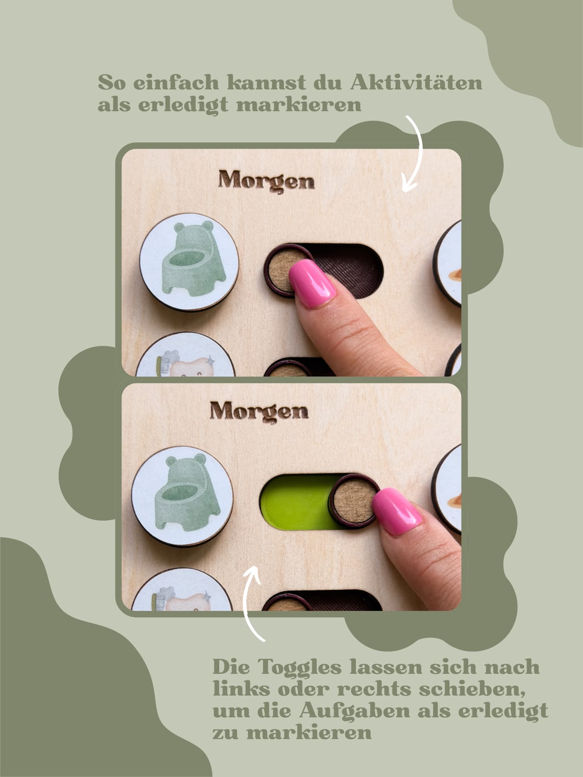 Routineplaner Kinder aus Holz - personalisiert mit Name & Motiv - Morgen- Mittag- und Abendroutine Board mit Klett-Tags | ab 3 Jahren