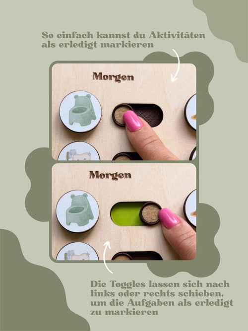 Routineplaner Kinder aus Holz - personalisiert mit Name & Motiv - Morgen- Mittag- und Abendroutine Board mit Klett-Tags | ab 3 Jahren