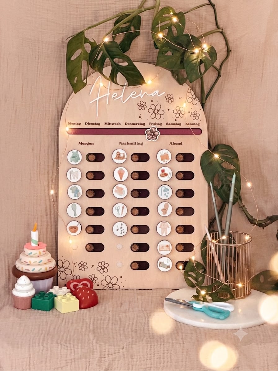 Routineplaner Kinder aus Holz - personalisiert mit Name & Motiv - Morgen- Mittag- und Abendroutine Board mit Klett-Tags | ab 3 Jahren