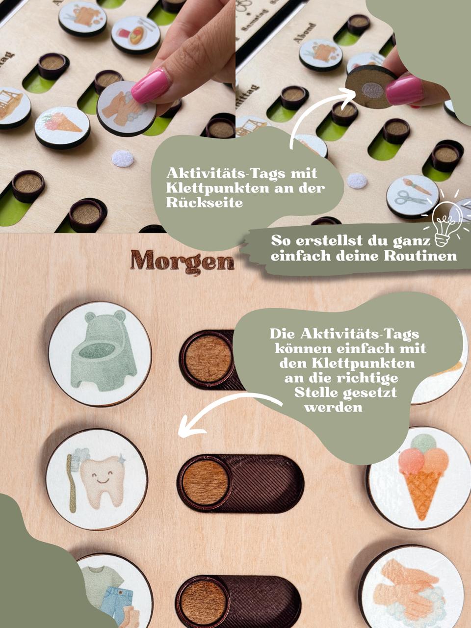 Routineplaner Kinder aus Holz - personalisiert mit Name & Motiv - Morgen- Mittag- und Abendroutine Board mit Klett-Tags | ab 3 Jahren